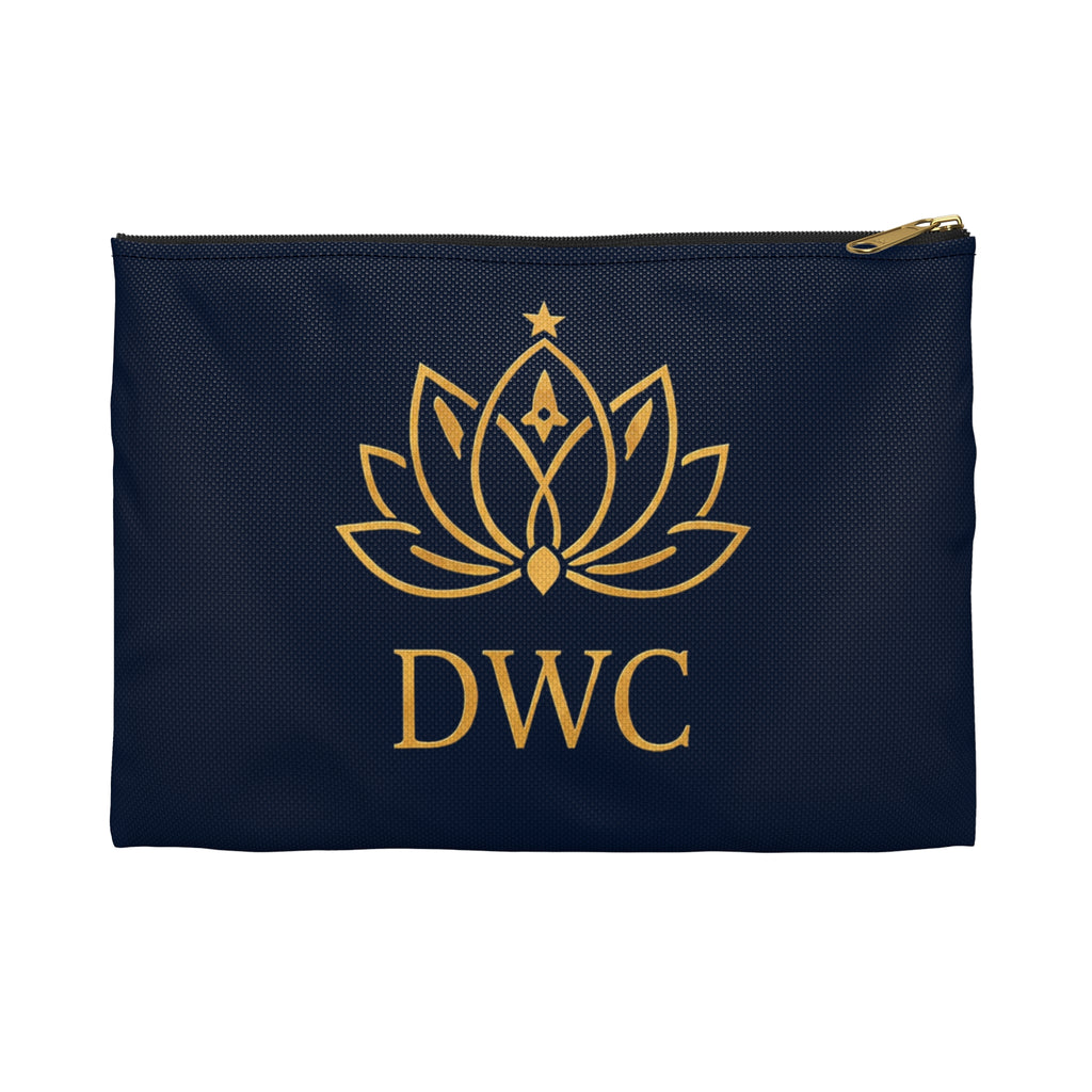 Gold Lotus Monogram Accessory Pouch — Navy Cosmetic Zip Case (DWC)