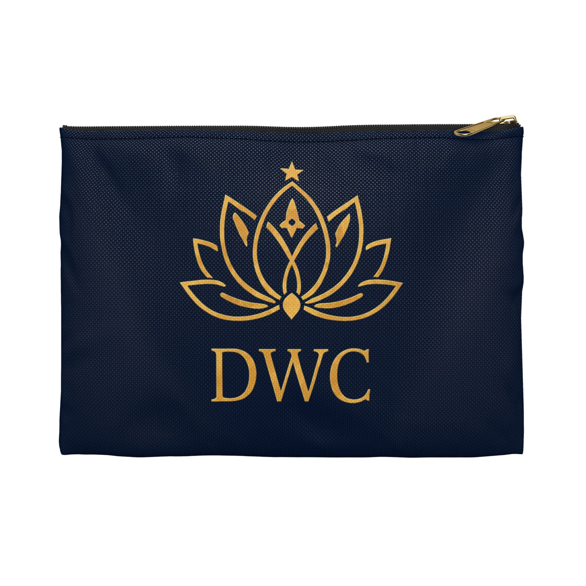 Gold Lotus Monogram Accessory Pouch — Navy Cosmetic Zip Case (DWC)