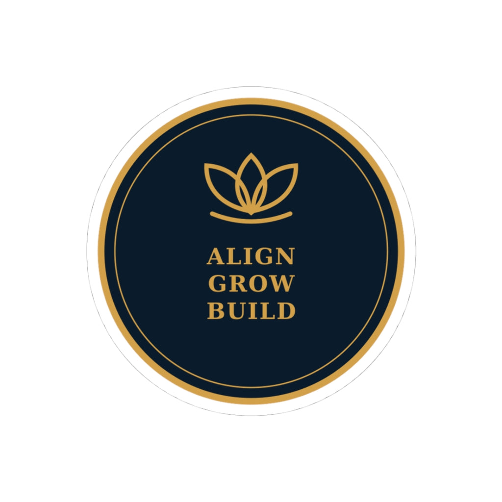 Align Grow Build • Inspirational Round Sticker — Gold Lotus Motivational Laptop Decal
