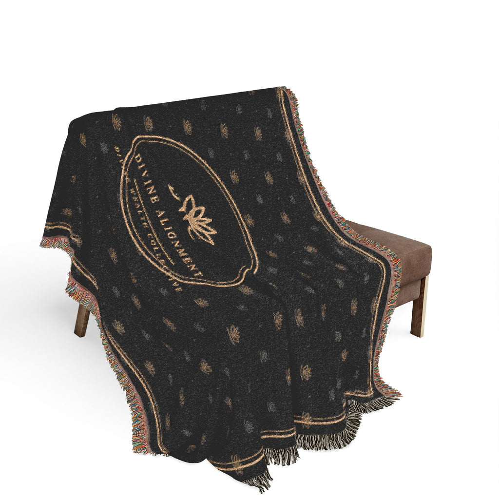 Woven Blanket — Luxe Black Logo Throw Blanket with Gold Botanical Emblem