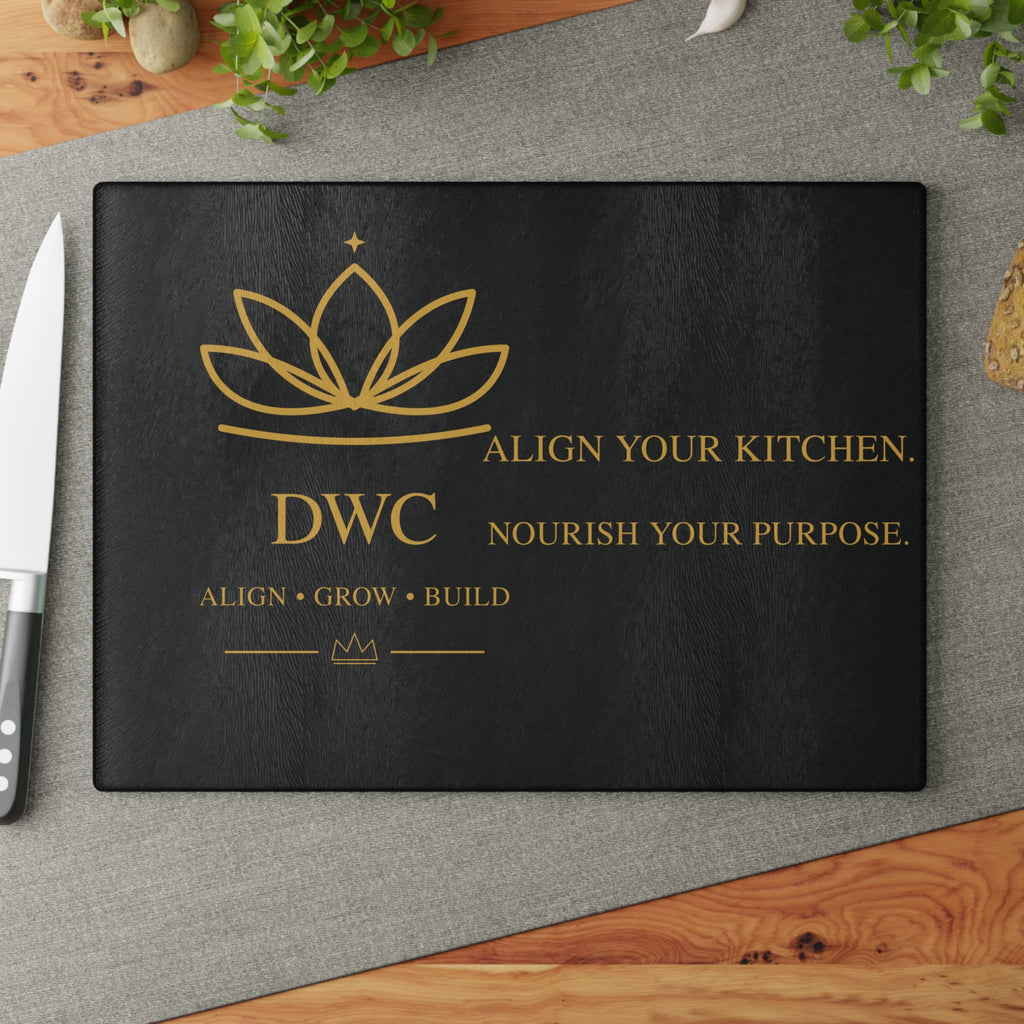 DWC Glass Cutting Board — Align Your Kitchen, Nourish Your Purpose (Large)