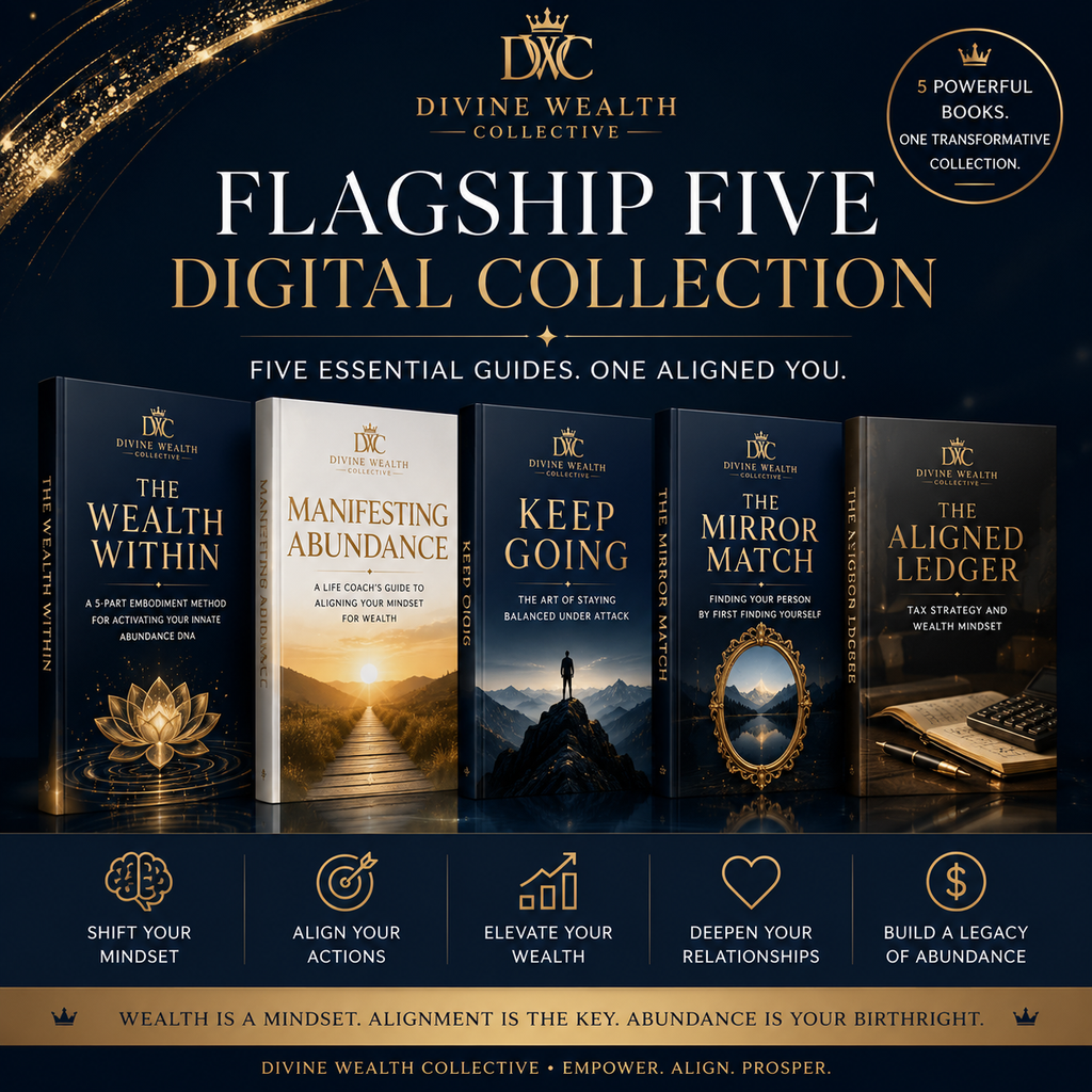 Divine Wealth Collective Flagship Five Digital Collection featuring The Wealth Within, Manifesting Abundance, Keep Going, The Mirror Match, and The Aligned Ledger
